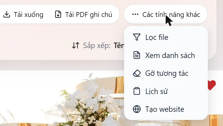 Menu Các tính năng khác