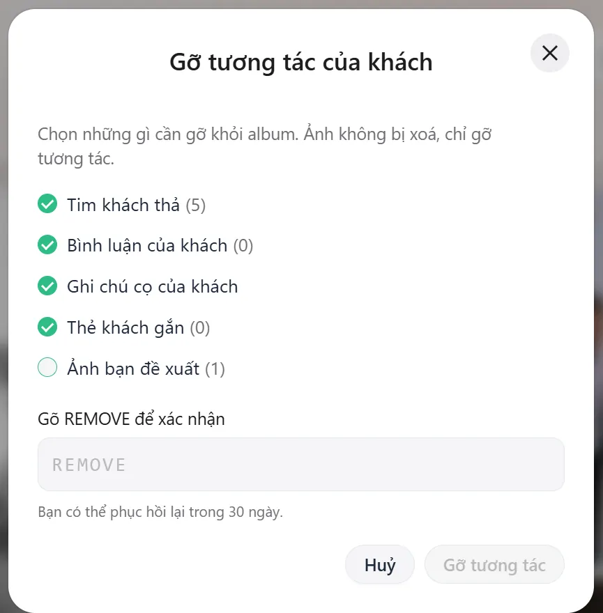 Gỡ tương tác của khách
