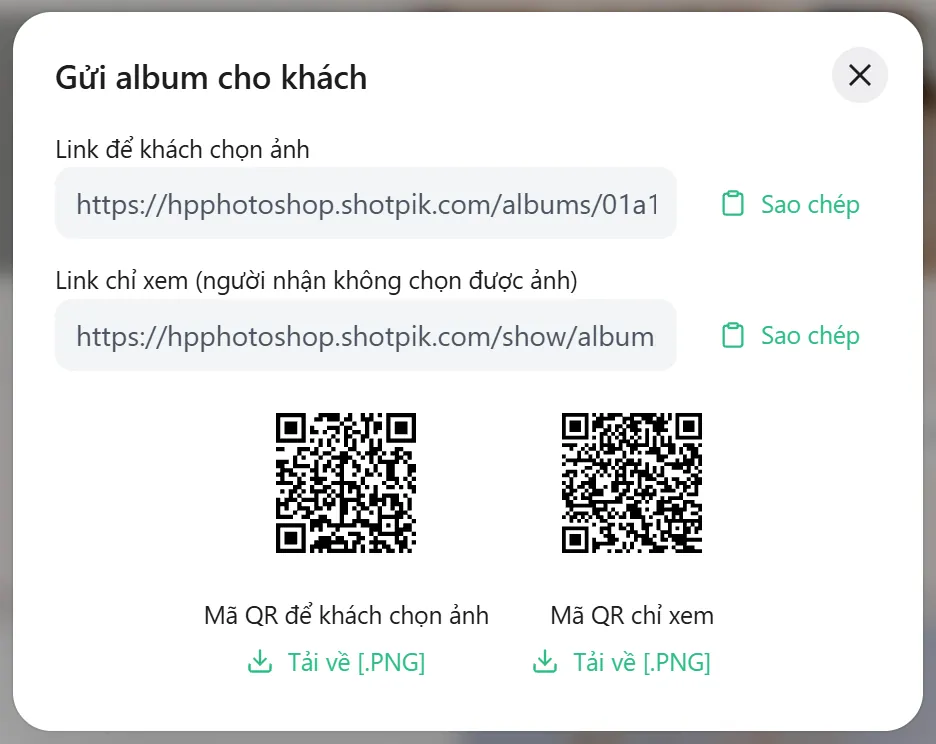 Hộp gửi album: hai link và hai mã QR