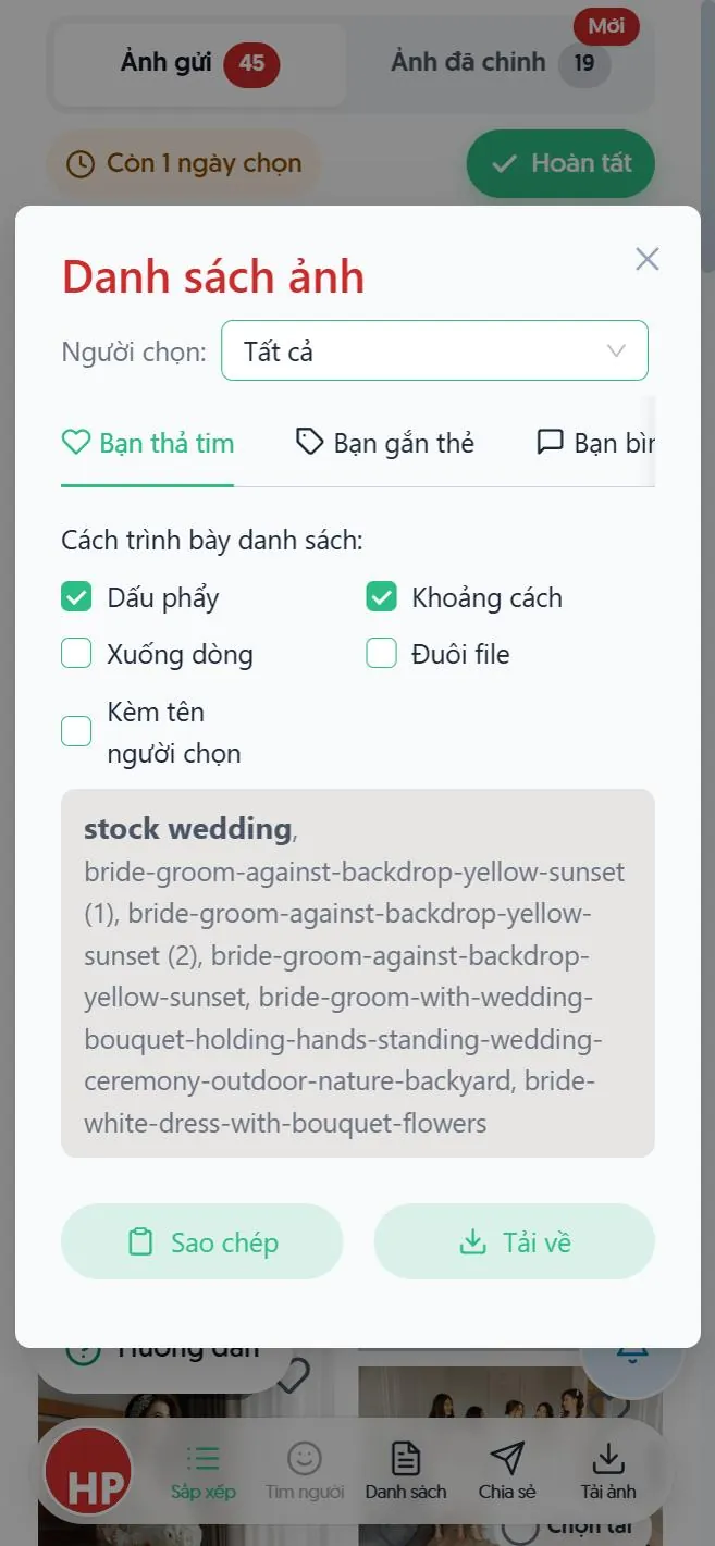 Danh sách ảnh đã chọn
